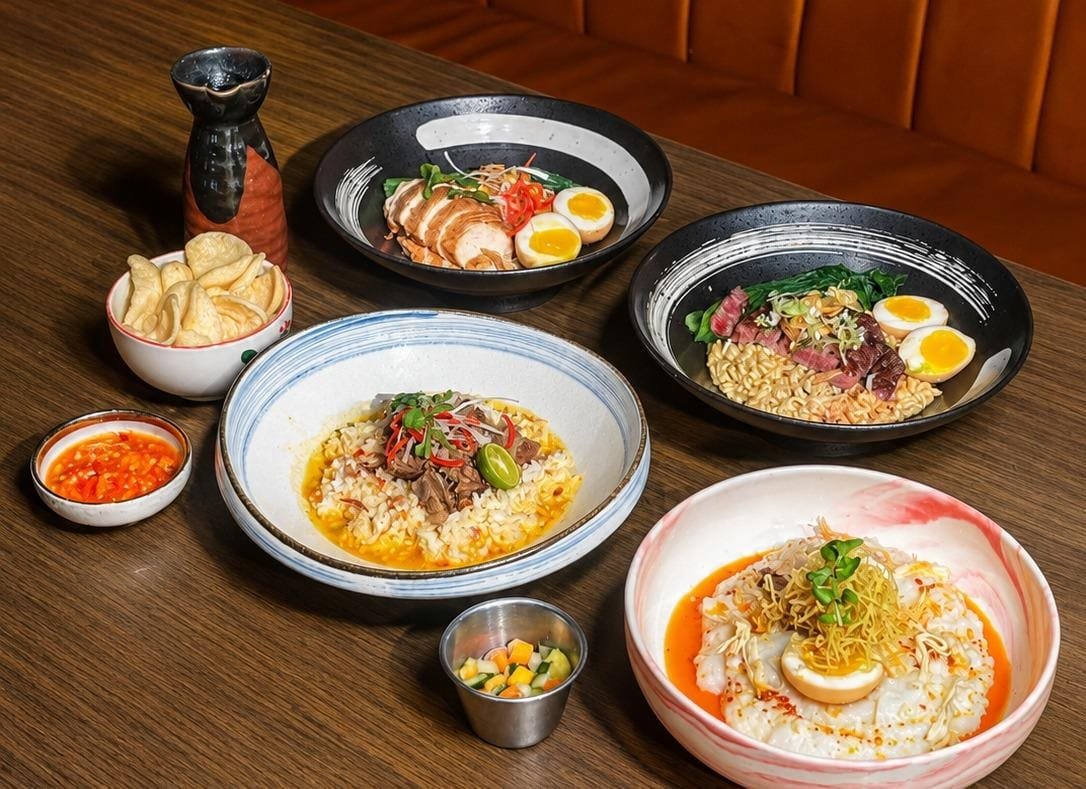 Grilled Chicken Ramen, Gultik, Steak & Egg Ramen, Congee with Homemade Chilli Oil (dari kiri - kanan)